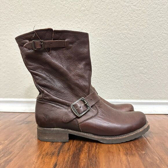 FRYE Veronica Short Boots Dark Brown Leather Motorcycle Rider - Picture 1 of 12